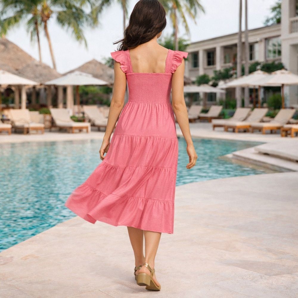 Land's End Ruffle Sleeve Midi Dress Dobby Cotton Tiered Pockets Wood Lily Med
